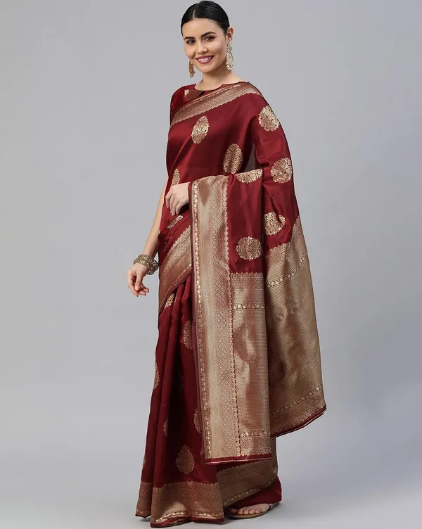 Maroon_Cotton_Silk_Woven_Banarasi_Saree_With_Unstitched_Blouse_For_Women