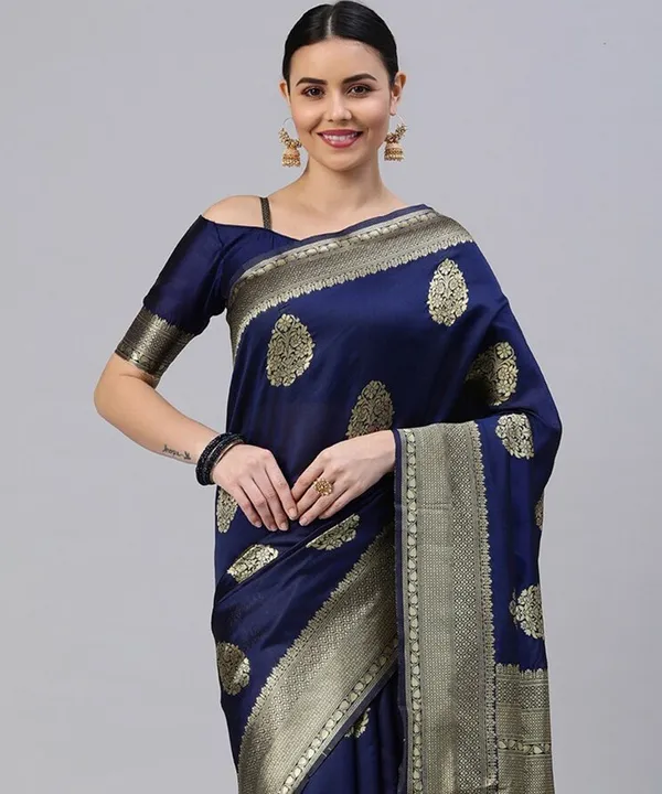 Dark_Blue_Cotton_Silk_Woven_Banarasi_Saree_With_Unstitched_Blouse_For_Women