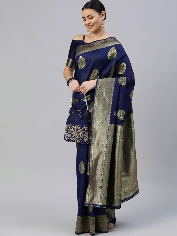 Dark_Blue_Cotton_Silk_Woven_Banarasi_Saree_With_Unstitched_Blouse_For_Women