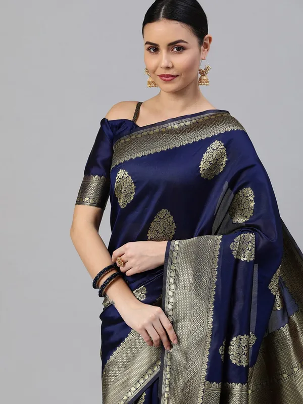 Dark_Blue_Cotton_Silk_Woven_Banarasi_Saree_With_Unstitched_Blouse_For_Women