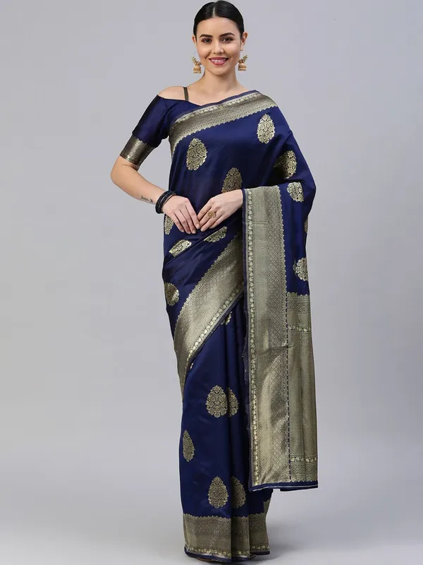 Dark_Blue_Cotton_Silk_Woven_Banarasi_Saree_With_Unstitched_Blouse_For_Women