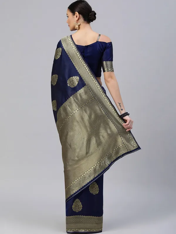 Dark_Blue_Cotton_Silk_Woven_Banarasi_Saree_With_Unstitched_Blouse_For_Women