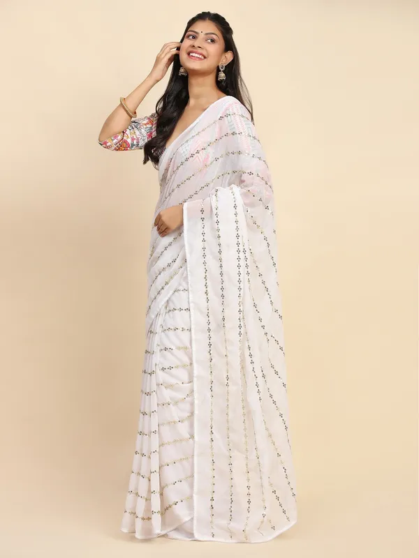 White_Georgette_Embroidered_Kota_Doria_Saree_With_Unstitched_Blouse_For_Women