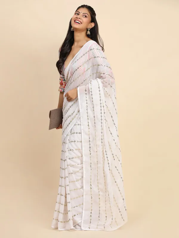 White_Georgette_Embroidered_Kota_Doria_Saree_With_Unstitched_Blouse_For_Women