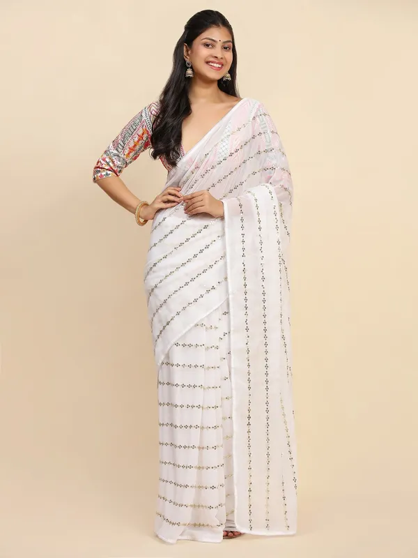 White_Georgette_Embroidered_Kota_Doria_Saree_With_Unstitched_Blouse_For_Women