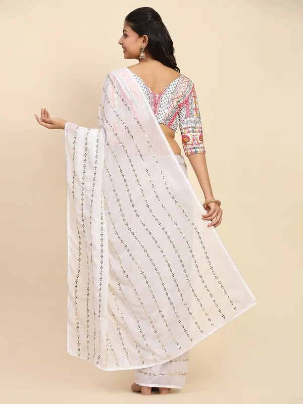 White_Georgette_Embroidered_Kota_Doria_Saree_With_Unstitched_Blouse_For_Women