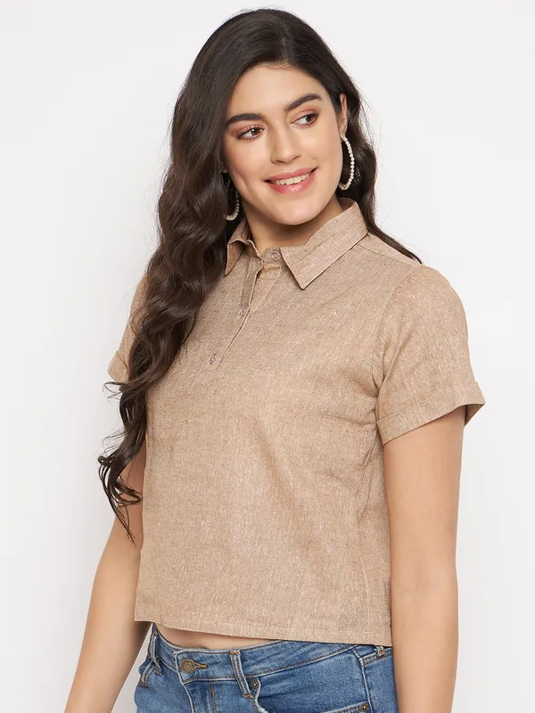 BRINNS_Women's_Comfort_Fit_Spread_Collar_Crop_Shirt_-_Solid_Opaque_Casual_Shirt_with_Short_Regular_Sleeves_and_Straight_Hem