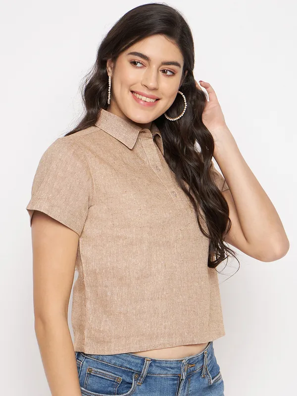 BRINNS_Women's_Comfort_Fit_Spread_Collar_Crop_Shirt_-_Solid_Opaque_Casual_Shirt_with_Short_Regular_Sleeves_and_Straight_Hem