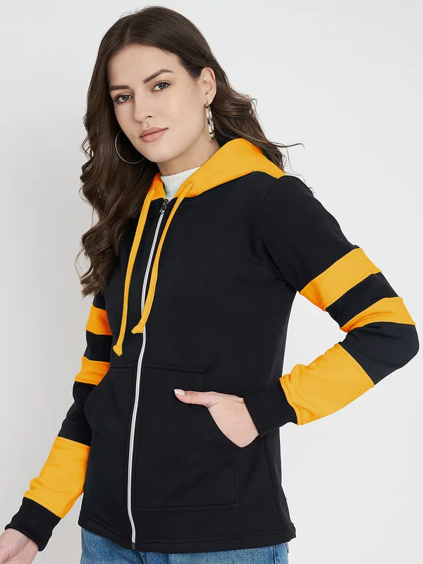 BRINNS_Women_Teal_Blue_&_Burgundy_Striped_Fleece_Hooded_Sweatshirt