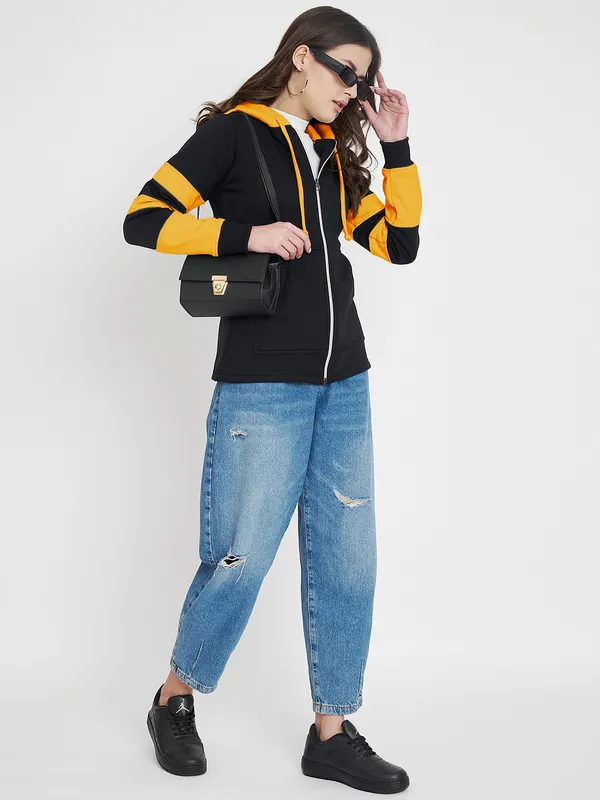 BRINNS_Women_Teal_Blue_&_Burgundy_Striped_Fleece_Hooded_Sweatshirt