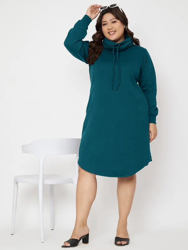 Plus_Size_Hooded_Cowl_Neck_Cuffed_Sleeves_Jumper_Dress