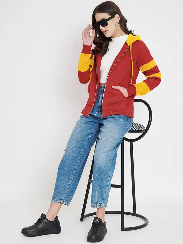 BRINNS_Women_Teal_Blue_&_Burgundy_Striped_Fleece_Hooded_Sweatshirt