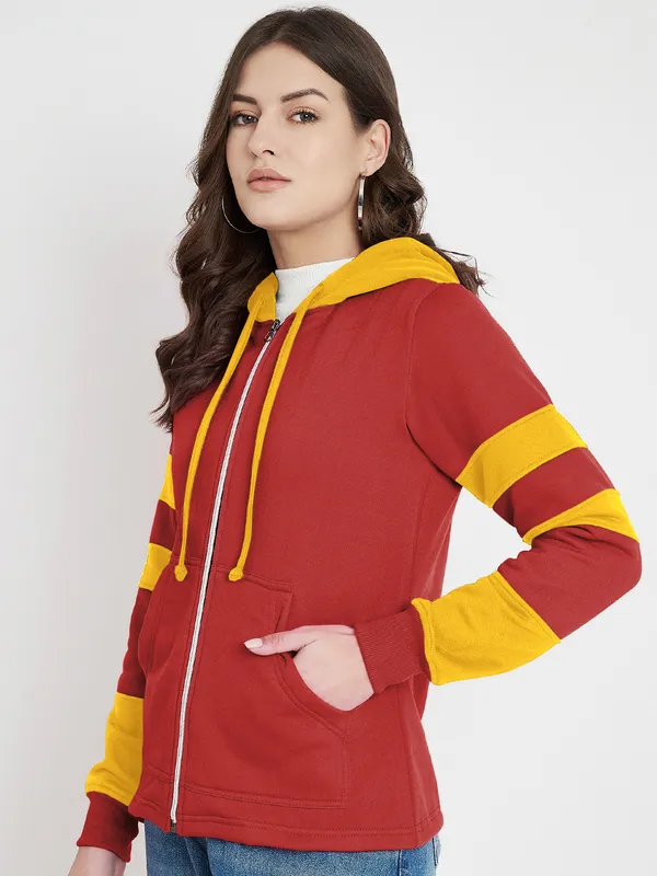 BRINNS_Women_Teal_Blue_&_Burgundy_Striped_Fleece_Hooded_Sweatshirt
