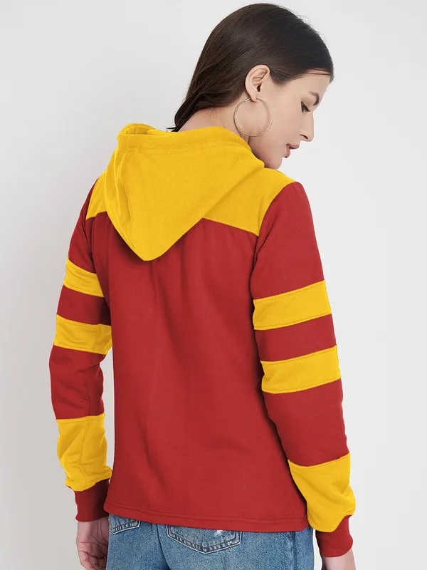 BRINNS_Women_Teal_Blue_&_Burgundy_Striped_Fleece_Hooded_Sweatshirt