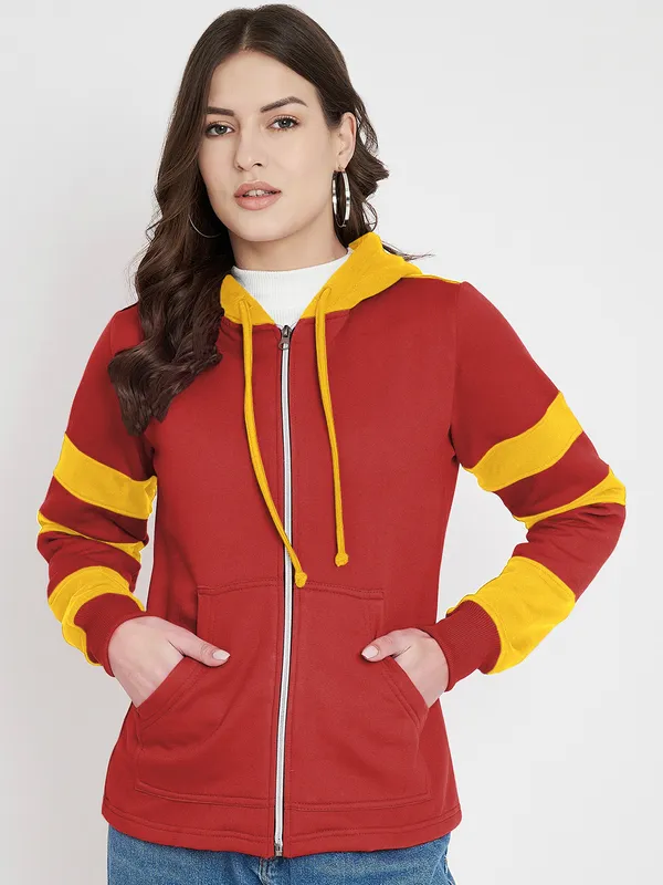 BRINNS_Women_Teal_Blue_&_Burgundy_Striped_Fleece_Hooded_Sweatshirt