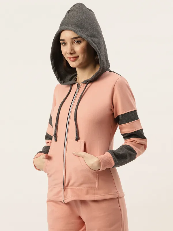 BRINNS_Women_Teal_Blue_&_Burgundy_Striped_Fleece_Hooded_Sweatshirt