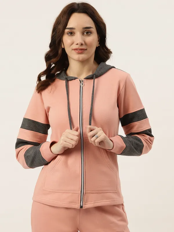 BRINNS_Women_Teal_Blue_&_Burgundy_Striped_Fleece_Hooded_Sweatshirt