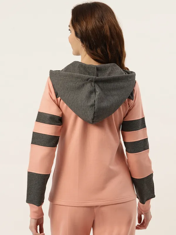 BRINNS_Women_Teal_Blue_&_Burgundy_Striped_Fleece_Hooded_Sweatshirt