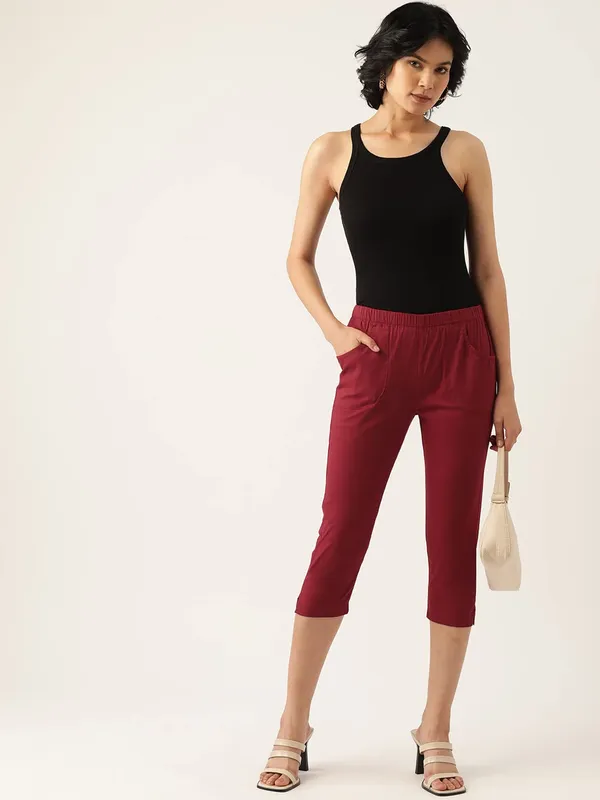 Maroon_COTTON_Poplin_Lycra_Capris