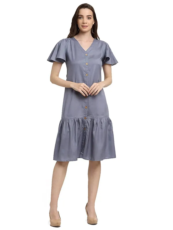 Grey_Rayon_Solid_Dresses