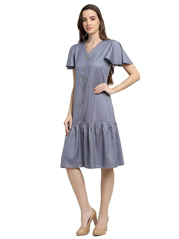 Grey_Rayon_Solid_Dresses