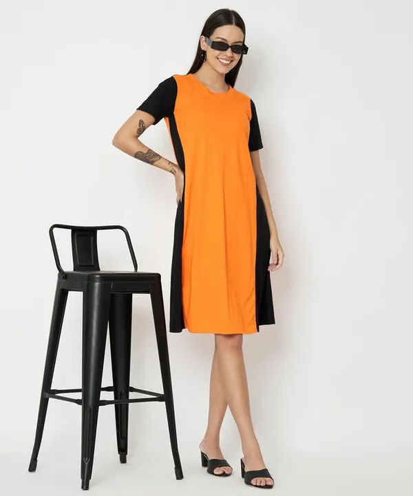Orangeblack_Cotton_Blend_Single_Jersey_Dresses