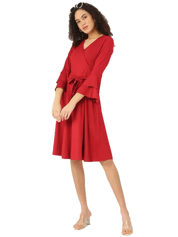 BRINNS_Maroon_Solid_Color_Knee_Length_Dress
