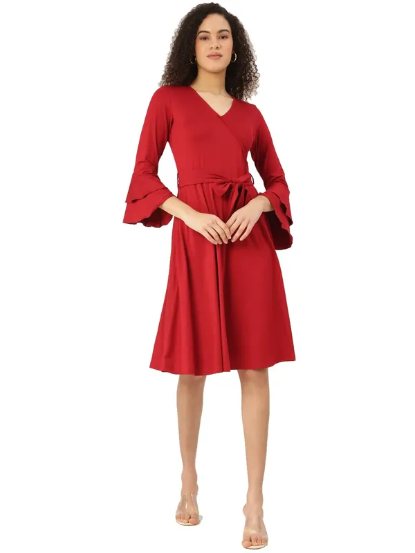 BRINNS_Maroon_Solid_Color_Knee_Length_Dress