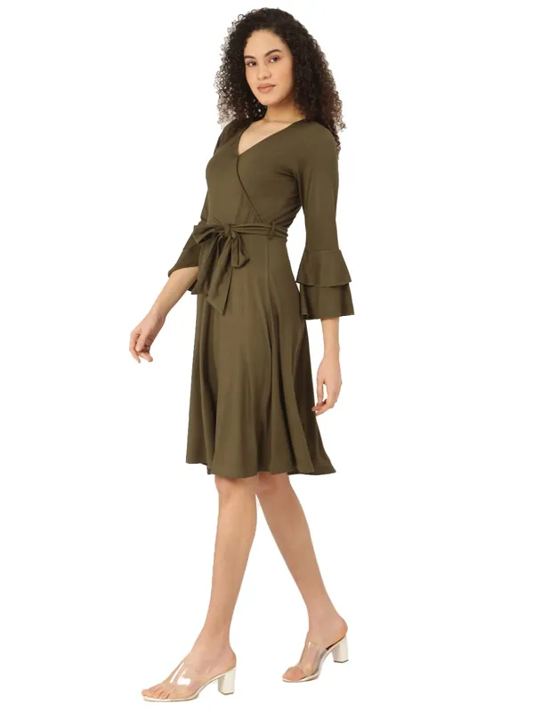 BRINNS_Olive_Green_Solid_Color_Knee_Length_Dress