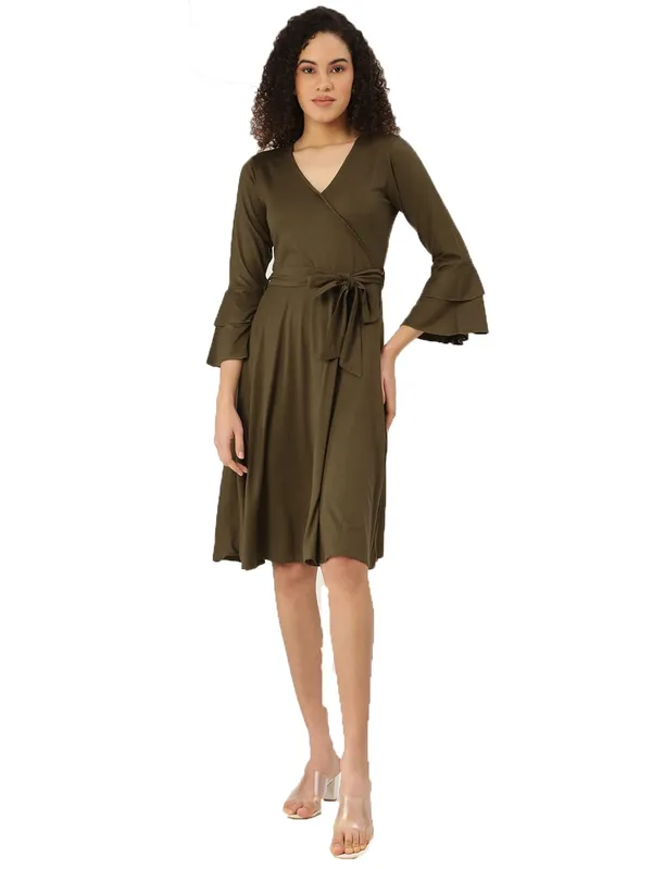 BRINNS_Olive_Green_Solid_Color_Knee_Length_Dress