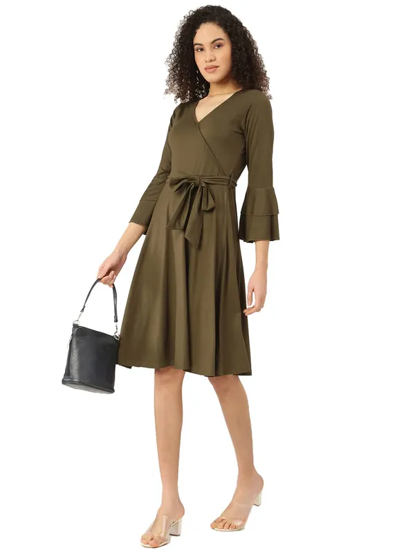 BRINNS_Olive_Green_Solid_Color_Knee_Length_Dress