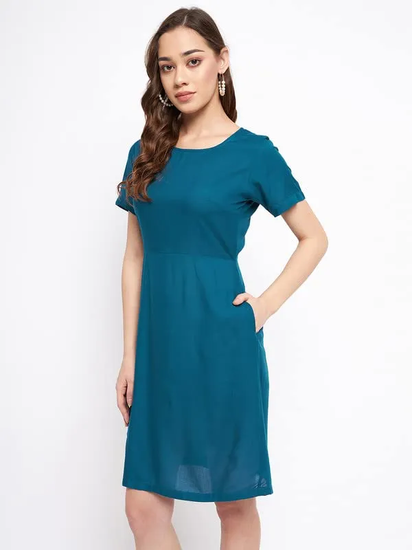 Teal_Rayon_Solid_Dresses
