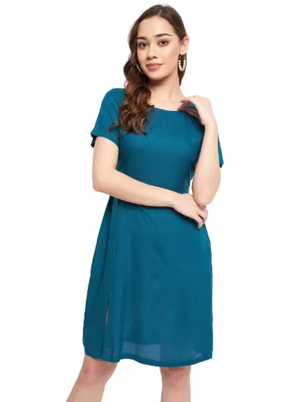 Teal_Rayon_Solid_Dresses