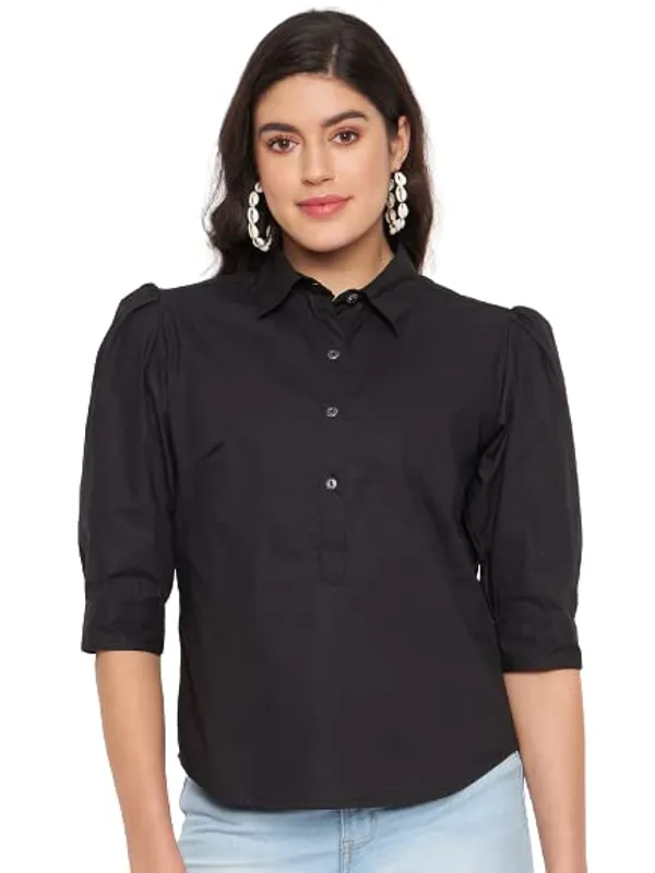 BRINNS_Solid_Opaque_Casual_Shirt_with_Puff_Sleeves_and_Curved_Hem_-_Fashionable_and_Comfortable_for_Women's_Everyday_Wear