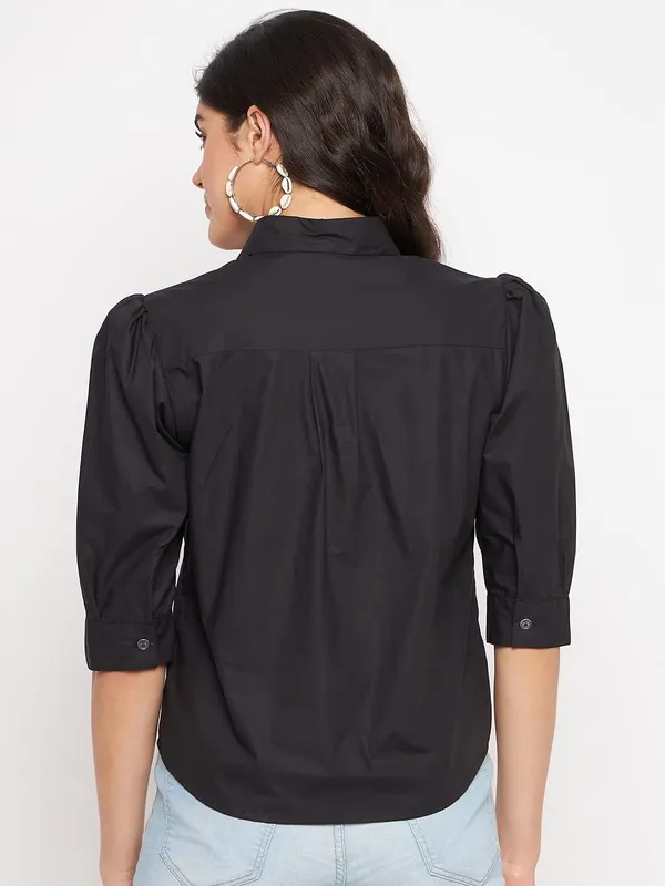 BRINNS_Solid_Opaque_Casual_Shirt_with_Puff_Sleeves_and_Curved_Hem_-_Fashionable_and_Comfortable_for_Women's_Everyday_Wear