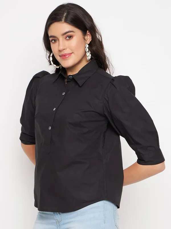 BRINNS_Solid_Opaque_Casual_Shirt_with_Puff_Sleeves_and_Curved_Hem_-_Fashionable_and_Comfortable_for_Women's_Everyday_Wear