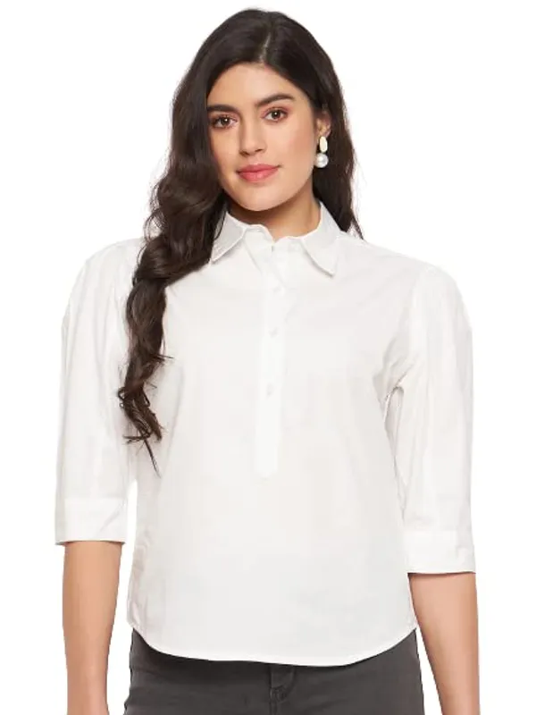 BRINNS_Solid_Opaque_Casual_Shirt_with_Puff_Sleeves_and_Curved_Hem_-_Fashionable_and_Comfortable_for_Women's_Everyday_Wear