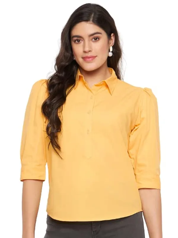 BRINNS_Solid_Opaque_Casual_Shirt_with_Puff_Sleeves_and_Curved_Hem_-_Fashionable_and_Comfortable_for_Women's_Everyday_Wear