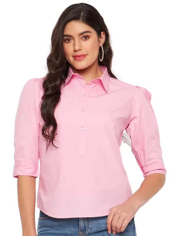 BRINNS_Solid_Opaque_Casual_Shirt_with_Puff_Sleeves_and_Curved_Hem_-_Fashionable_and_Comfortable_for_Women's_Everyday_Wear