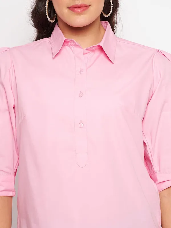 BRINNS_Solid_Opaque_Casual_Shirt_with_Puff_Sleeves_and_Curved_Hem_-_Fashionable_and_Comfortable_for_Women's_Everyday_Wear