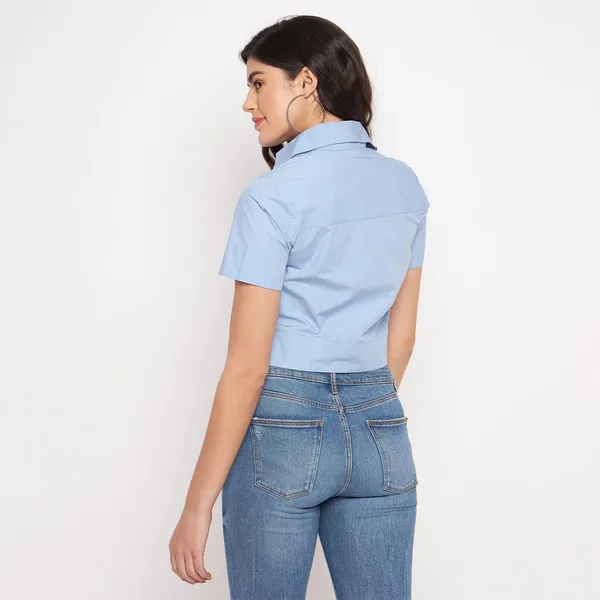 BRINNS_Solid_Opaque_Women's_Classic_Fit_Spread_Collar_Crop_Shirt_with_Patch_Pocket_and_Short_Sleeves