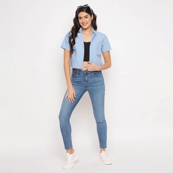 BRINNS_Solid_Opaque_Women's_Classic_Fit_Spread_Collar_Crop_Shirt_with_Patch_Pocket_and_Short_Sleeves
