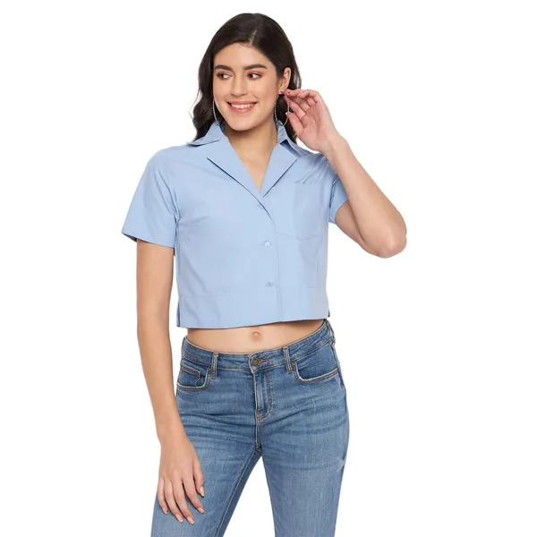 BRINNS_Solid_Opaque_Women's_Classic_Fit_Spread_Collar_Crop_Shirt_with_Patch_Pocket_and_Short_Sleeves