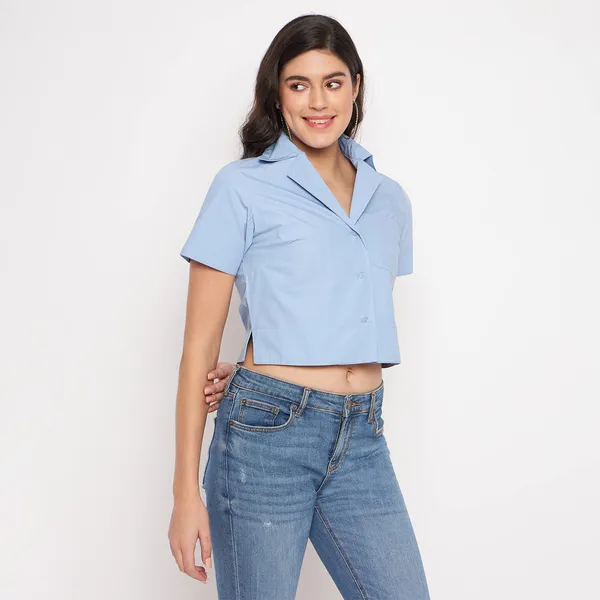 BRINNS_Solid_Opaque_Women's_Classic_Fit_Spread_Collar_Crop_Shirt_with_Patch_Pocket_and_Short_Sleeves