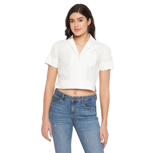BRINNS_Solid_Opaque_Women's_Classic_Fit_Spread_Collar_Crop_Shirt_with_Patch_Pocket_and_Short_Sleeves