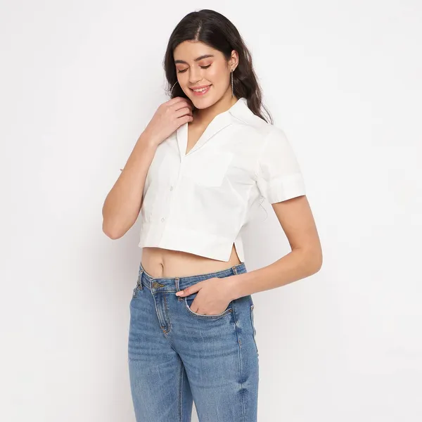BRINNS_Solid_Opaque_Women's_Classic_Fit_Spread_Collar_Crop_Shirt_with_Patch_Pocket_and_Short_Sleeves
