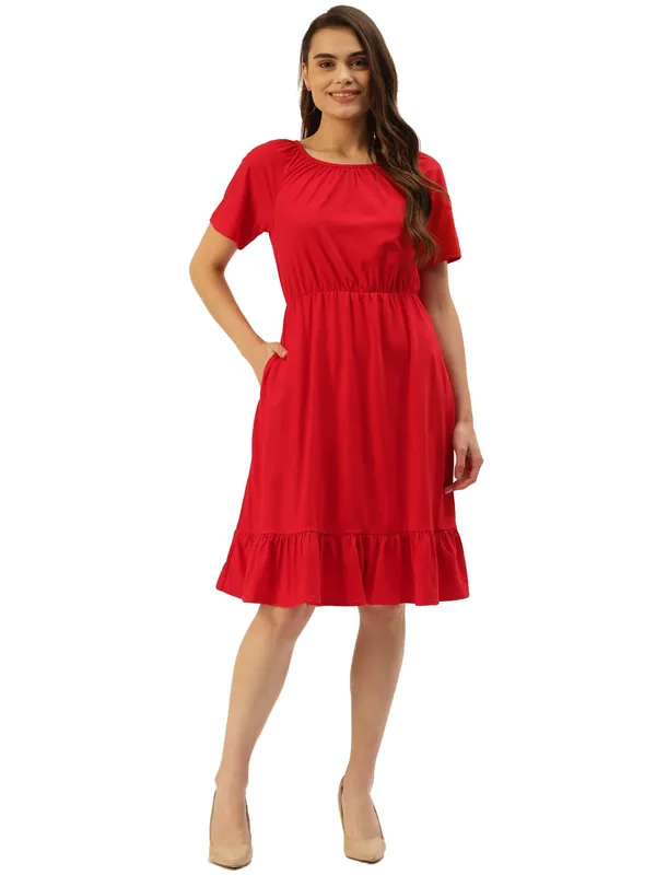 BRINNS_Red_Solid_Color_Cotton_A-Line_Dress