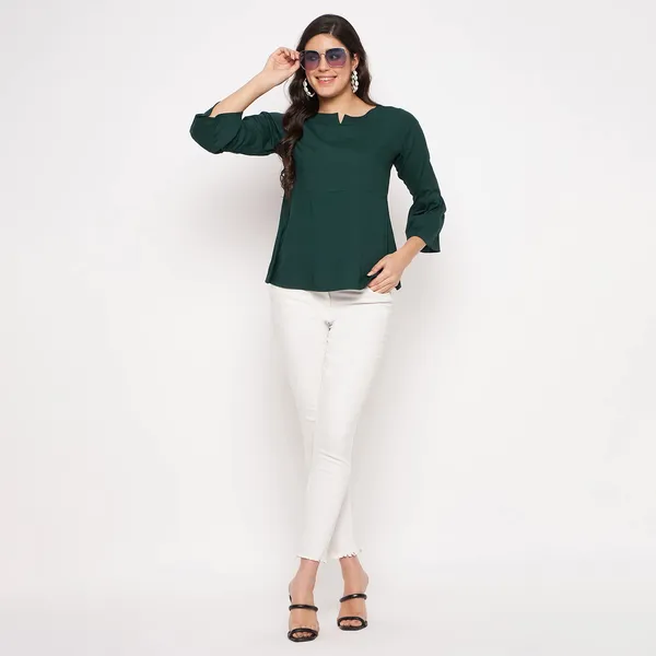 BRINNS_Stylish_Notched_Neck_Bell_Sleeve_A-Line_Top_-_Three-Quarter_Sleeves_and_Woven_Fabric