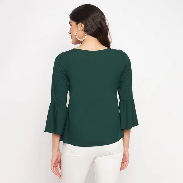BRINNS_Stylish_Notched_Neck_Bell_Sleeve_A-Line_Top_-_Three-Quarter_Sleeves_and_Woven_Fabric