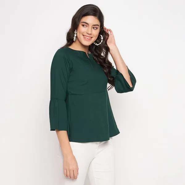 BRINNS_Stylish_Notched_Neck_Bell_Sleeve_A-Line_Top_-_Three-Quarter_Sleeves_and_Woven_Fabric